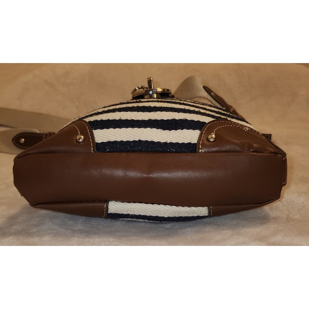 Chaps Crossbody Bag Navy & Cream Stripes W/ Brown Vegan Leather Trim - Picture 8 of 15